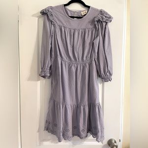Lavender cottagecore dress long sleeve with ruffles eyelet detail